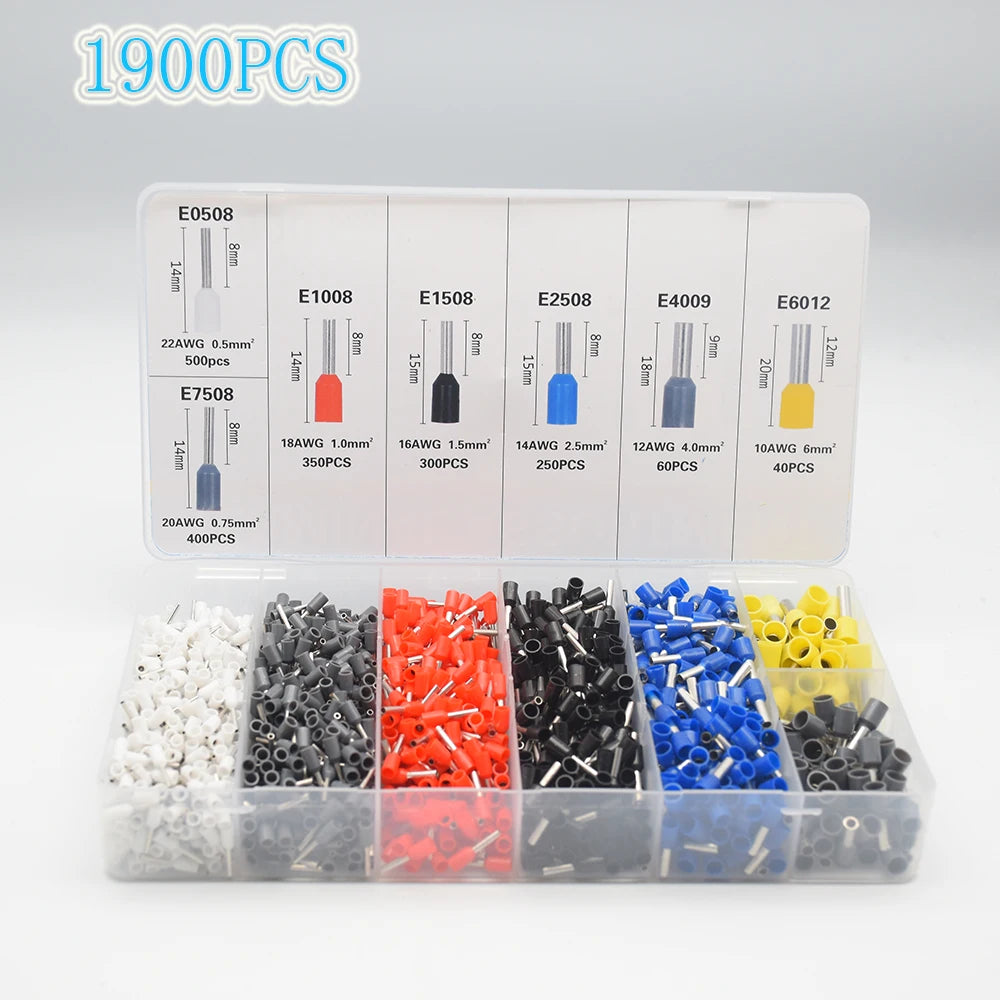 Kit Terminales Conectores Ferrules Cable Aislado AWG 22-7 (Punta Cordón) Surtido (1200/1900 Piezas)