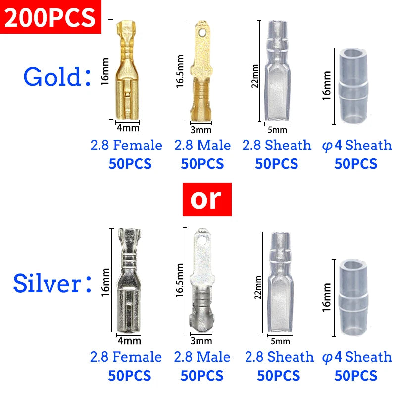 Set Conectores Terminal Crimp Macho/Hembra (2.8/4.8/6.3mm) Oro/Plata para Cable Eléctrico Altavoz Auto (100/200 Piezas)