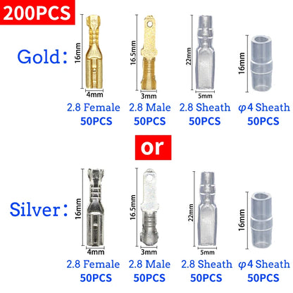 Set Conectores Terminal Crimp Macho/Hembra (2.8/4.8/6.3mm) Oro/Plata para Cable Eléctrico Altavoz Auto (100/200 Piezas)