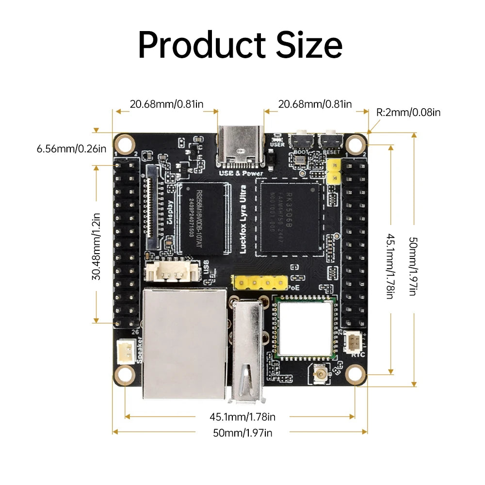 Placa Desarrollo Luckfox Lyra Ultra W (RK3506B, 8GB eMMC, WiFi6/PoE, Audio, DisplayPort, Linux)