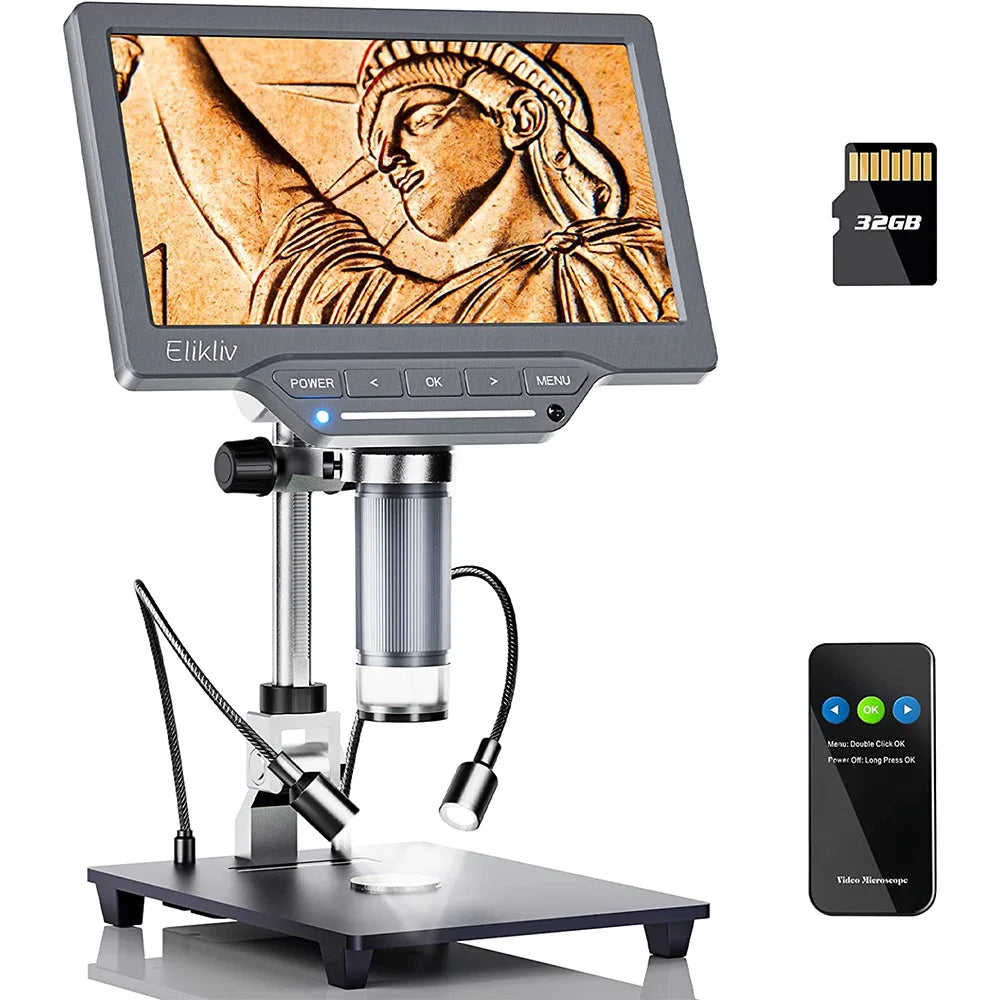 Elikliv 1200X Soldering Microscope for Electronics Repair 7" Digital Microscope with 10" Stand 2MP Coin Magnifier with 10 LEDs