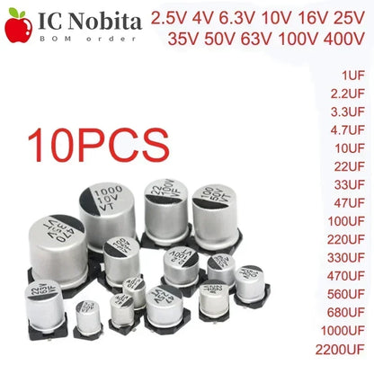 Capacitor Electrolítico SMD (22uF-2200uF, 6.3V-400V) - Pack 10 Unidades (Valores Surtidos)