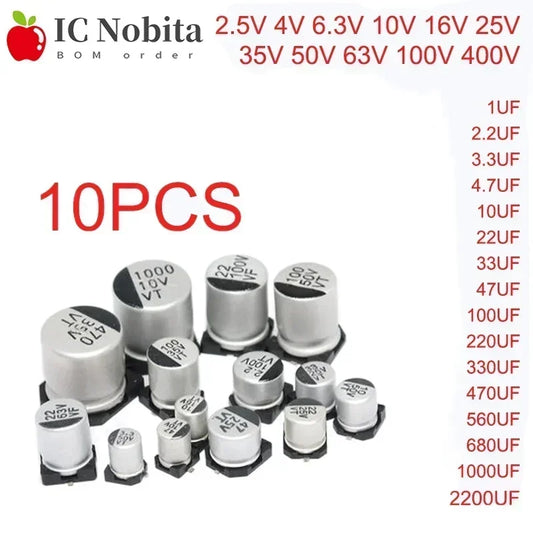 Capacitor Electrolítico SMD (22uF-2200uF, 6.3V-400V) - Pack 10 Unidades (Valores Surtidos)