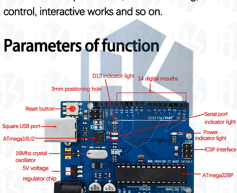 Placa Desarrollo Arduino UNO R3 (Oficial Certificada, ATMEGA16U2 + MEGA328P) con Cable USB Tipo A a B