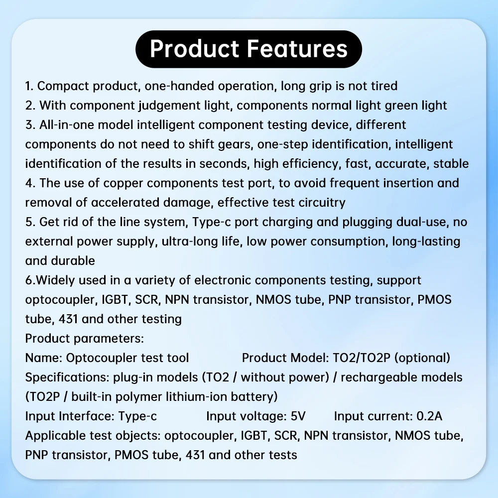 Tester Multifuncional Optoacopladores (5V/0.2A) - Detección IGBTs, Transistores PNP/PMOS, Componentes E.
