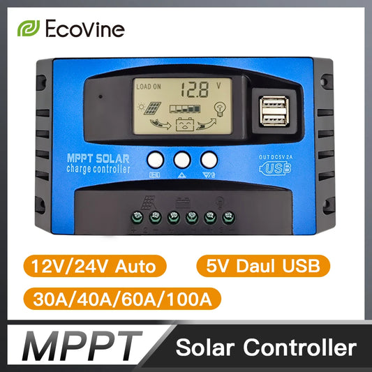 Controlador Carga Solar MPPT 30A-100A 12V/24V Dual USB LCD Regulador con Carga Panel Batería