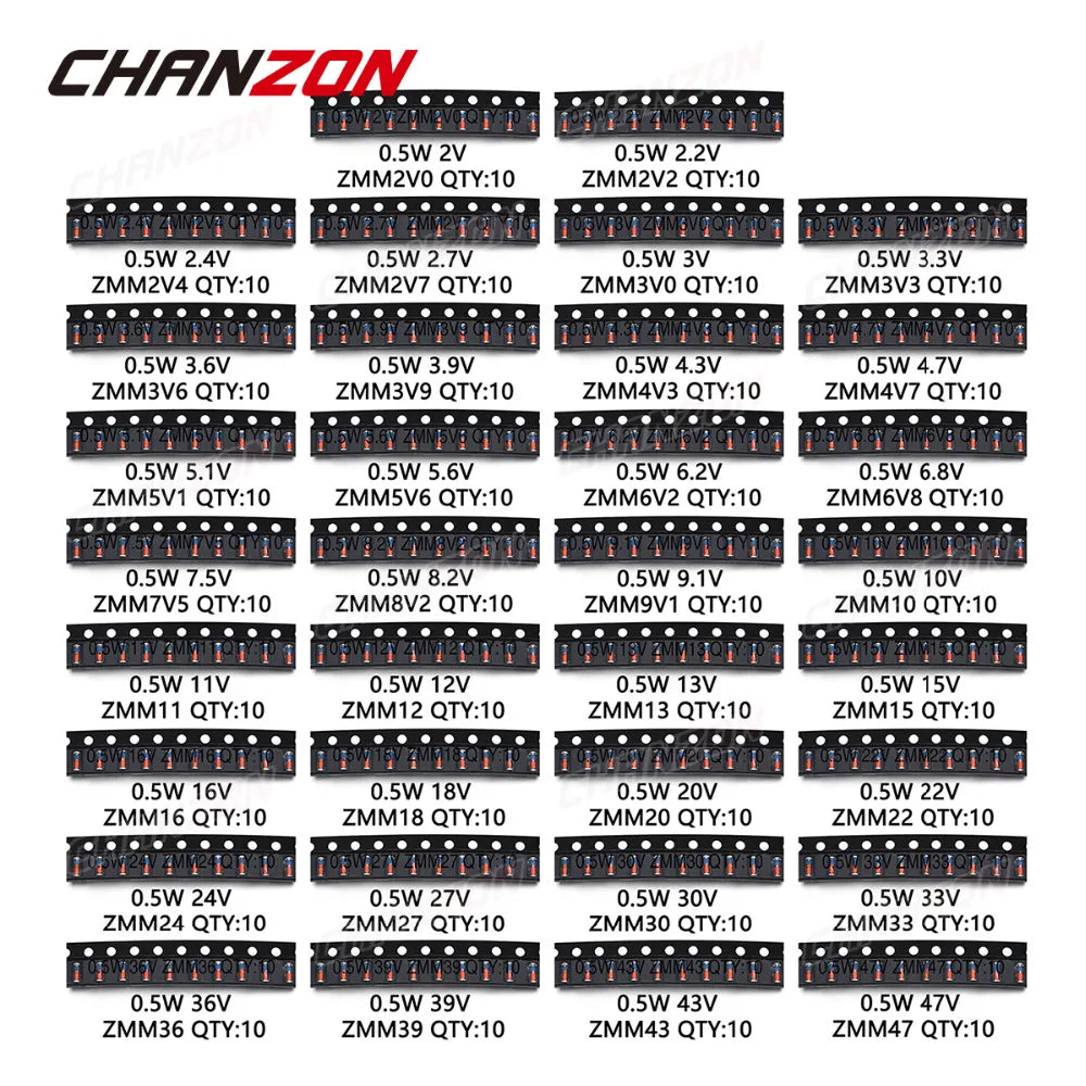 Kit Surtido Diodos Zener SMD 0.5W (2V-47V, 34 Valores) para Montaje Superficial