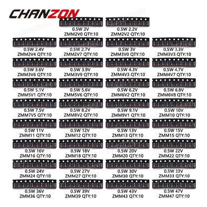 Kit Surtido Diodos Zener SMD 0.5W (2V-47V, 34 Valores) para Montaje Superficial