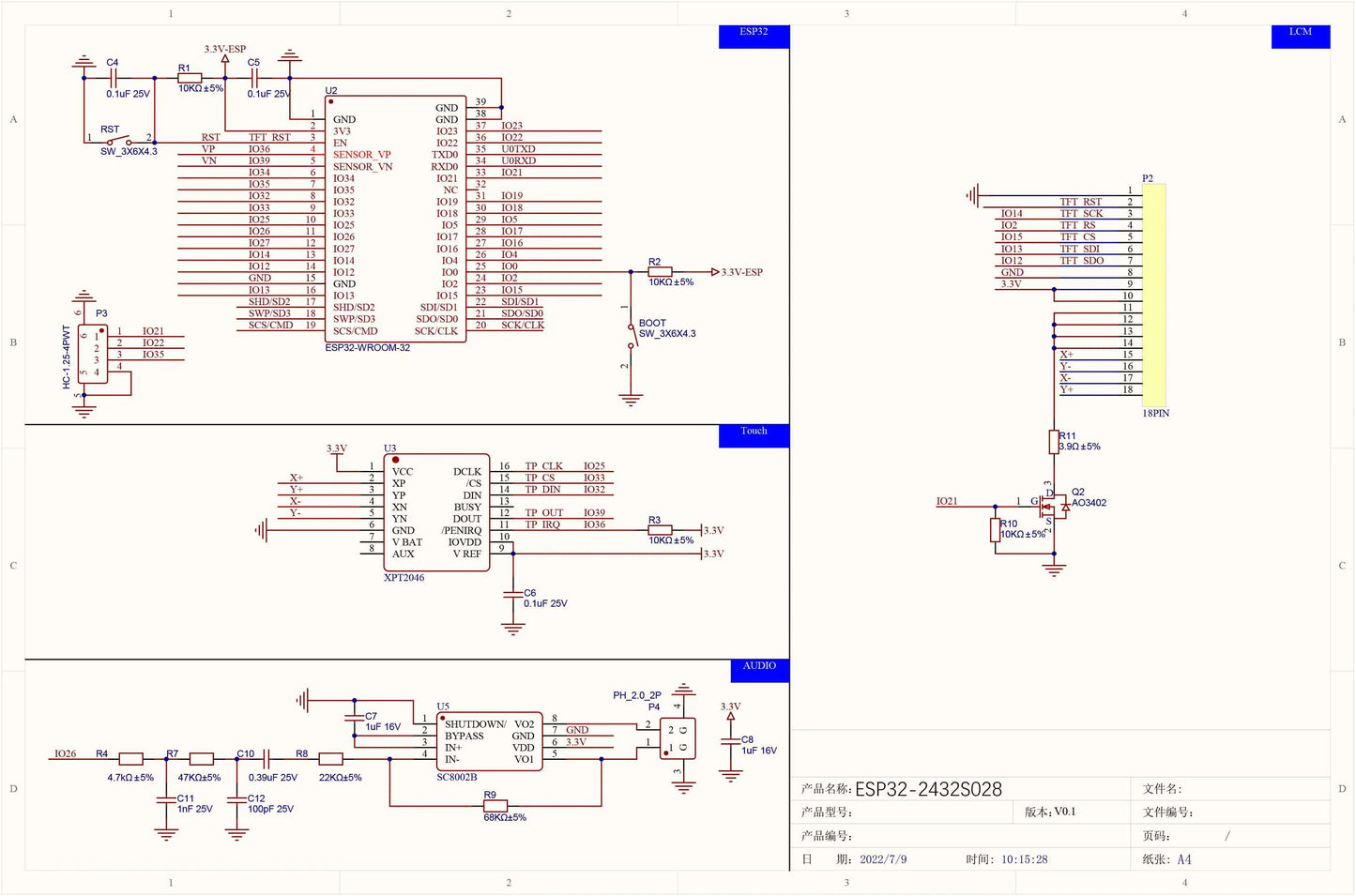 Módulo Pantalla Inteligente RCmall ESP32-2432S028R (LCD TFT 2.8", 240x320, Driver ILI9341)