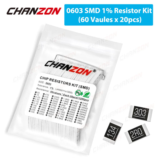 Kit Surtido Resistencias Chip SMD 0603 1% 1/10W - 60 Valores (0Ω a 10MΩ) (Total 1200 Piezas)
