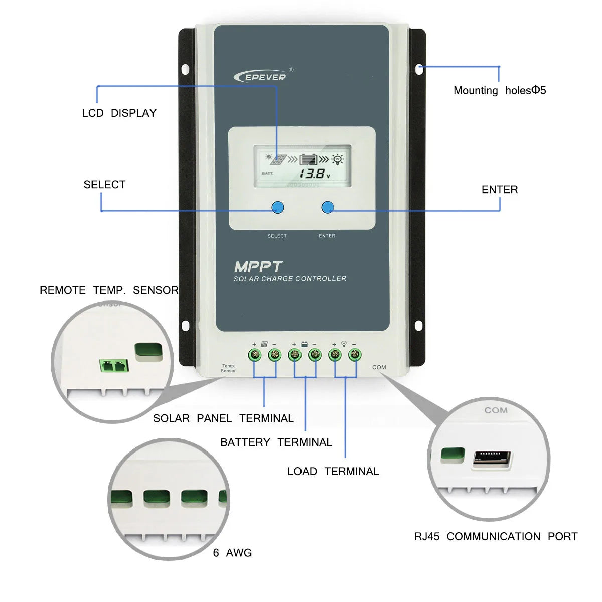 EPever MPPT 40A 30A 20A 10A Solar Charge Controller 12V 24V Auto Solar Panel Regulator Solar Battery Charger Tracer3210AN 4210AN