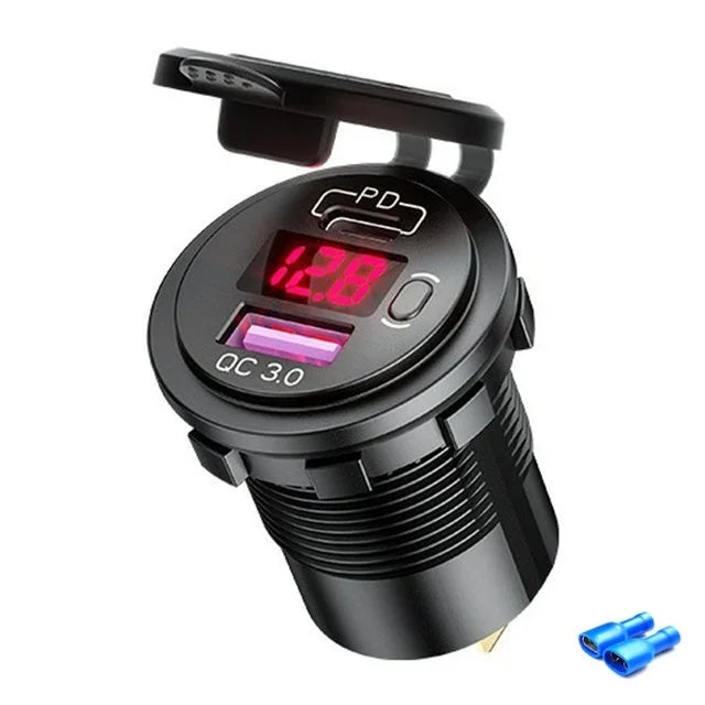 Cargador USB Auto/Camión PD 60W + QC 3.0 con Switch LED Voltímetro 12V/24V Carga Rápida