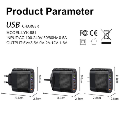 Cargador Pared USB C Múltiple 6 Puertos 65W Carga Rápida PD Adaptador Móvil para iPhone 14/15 Pro/Xiaomi/Samsung/Oneplus