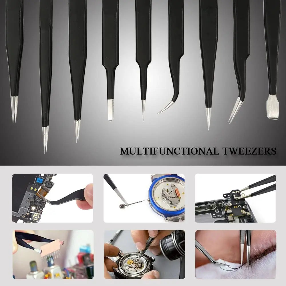 Set Pinzas ESD Antiestáticas Acero Inoxidable Binoax (Puntas No Magnéticas) para Electrónica/Soldadura/Artesanía (6/9/10 Piezas)