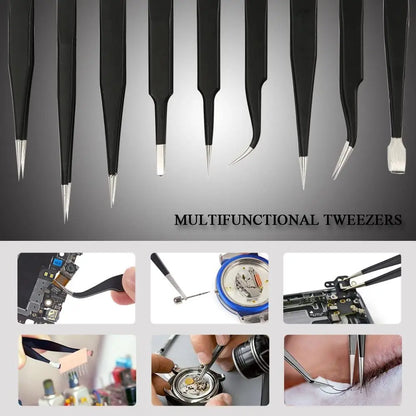 Set Pinzas ESD Antiestáticas Acero Inoxidable Binoax (Puntas No Magnéticas) para Electrónica/Soldadura/Artesanía (6/9/10 Piezas)