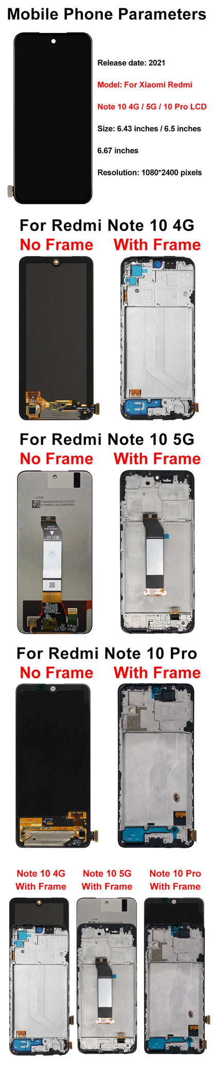 AMOLED LCD For Xiaomi Redmi Note 10 4g Screen Digitizer M2101K7AI For Redmi Note 10 5g Display Note 10 Pro LCD Touch M2101K6G