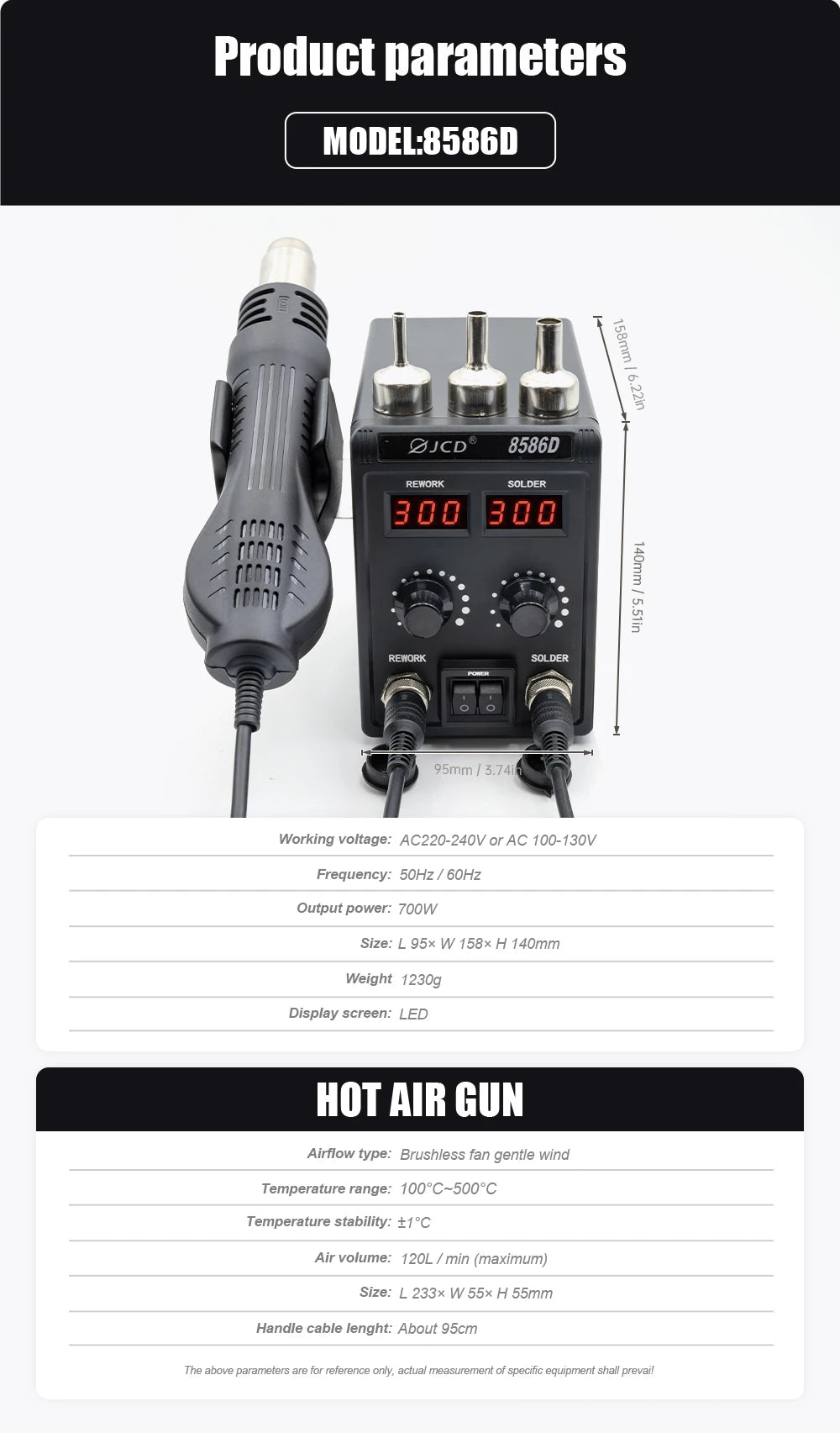 JCD 8586D Soldering Station 2 IN 1 750W Hot Air Gun LCD Dual Digital Display Electric Soldering Iron SMD Welding Rework Station
