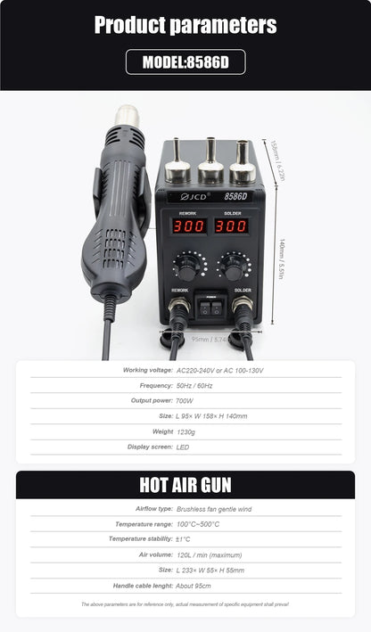 JCD 8586D Soldering Station 2 IN 1 750W Hot Air Gun LCD Dual Digital Display Electric Soldering Iron SMD Welding Rework Station