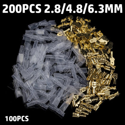 Set Terminales Conector Cable Hembra/Macho Spade Crimp (2.8/4.8/6.3mm) con Mangas Aislantes Transparentes (200 Piezas)
