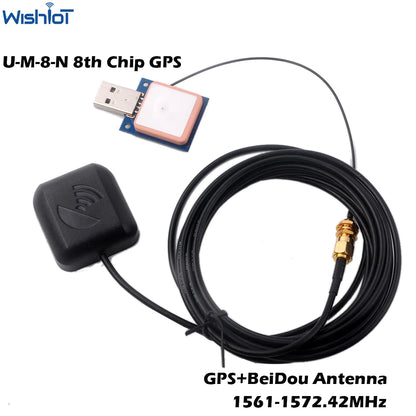 Módulo Receptor GPS USB M8N (Beidou/Glonass) con Antena (Cable IPX a SMA) para Arduino/Pixhawk Control Vuelo