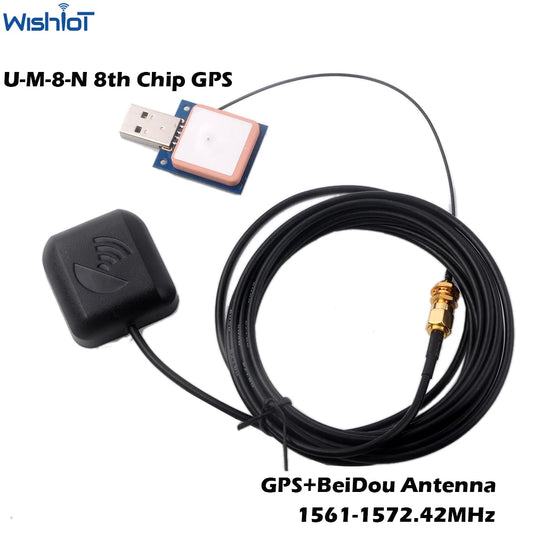 Módulo Receptor GPS USB M8N (Beidou/Glonass) con Antena (Cable IPX a SMA) para Arduino/Pixhawk Control Vuelo