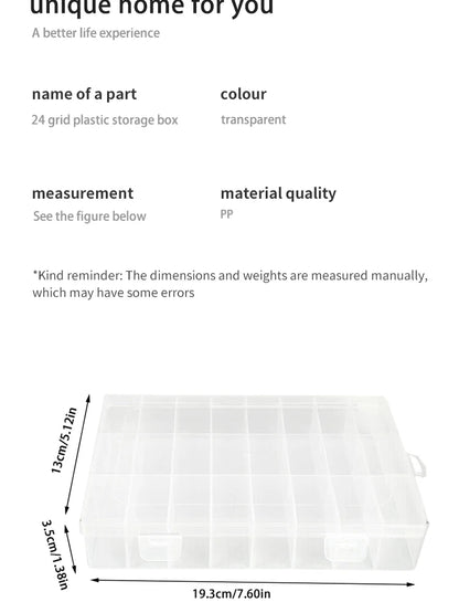 Caja Almacenamiento Transparente 24 Rejillas para Hardware/Botones/Pesca/Joyería/Accesorios/Papelería