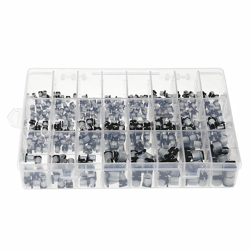 Kit Surtido Capacitor Electrolítico Aluminio SMD (1uF-1000uF, 6.3V-50V, 24 Valores) - Pack 400 Piezas
