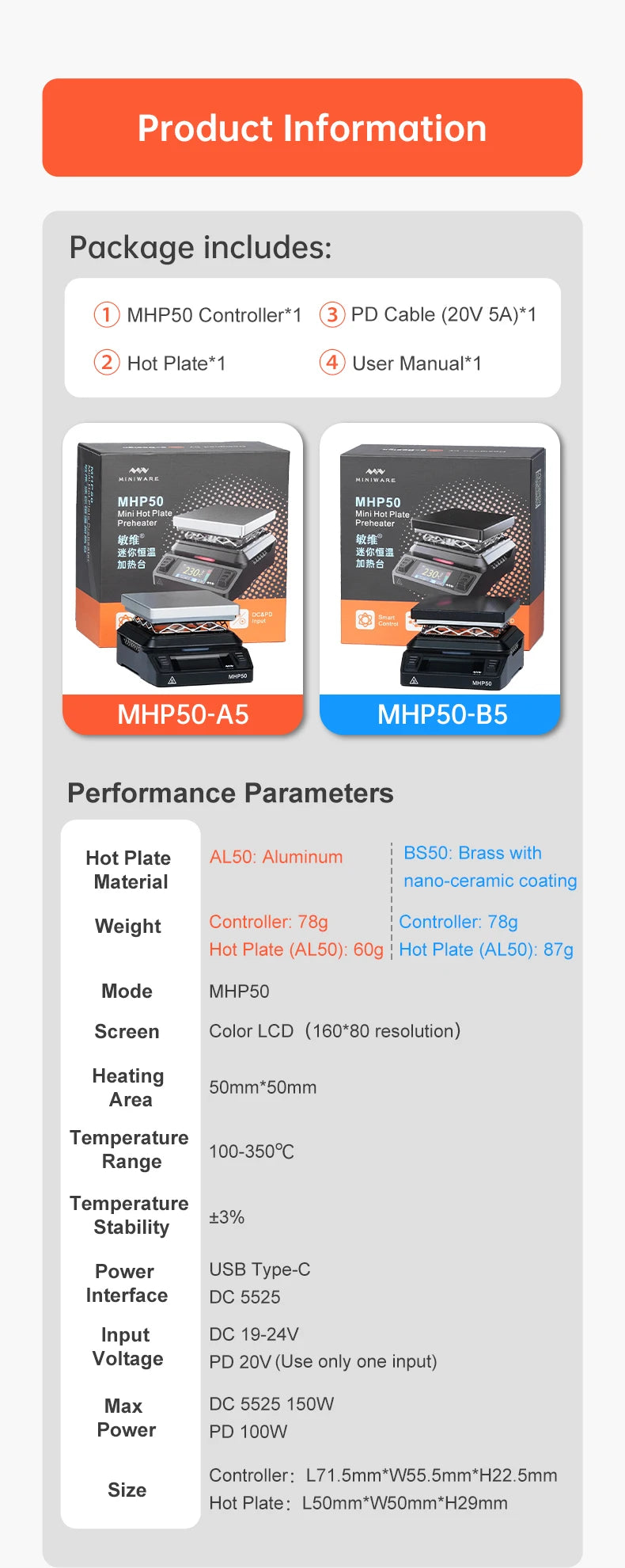 MINIWARE MHP50 Mini Hot Plate Preheater 50*50mm Heating Area Constant Temperature Heating Table 350℃ Intelligent Heating Tool
