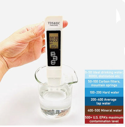 Medidor Digital Calidad Agua TDS/EC Multifuncional (Rango 0-9990 ppm) Pureza/Temperatura (1 Unidad, Blanco)