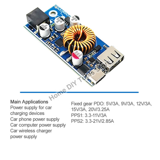Módulo Adaptador Carga Rápida Doble USB (USB-A QC3.0 + USB-C PD) 65W DC 12V-96V Step-Down Apple/Huawei SCP/FCP