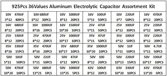 Kit Surtido Capacitor Electrolítico Aluminio Bajo ESR (1uF-470uF, 36 Valores) - Pack 925 Piezas