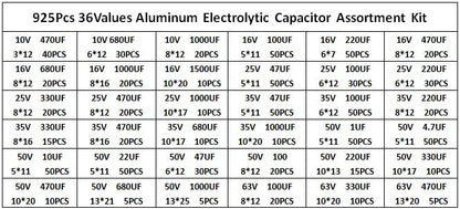Kit Surtido Capacitor Electrolítico Aluminio Bajo ESR (1uF-470uF, 36 Valores) - Pack 925 Piezas