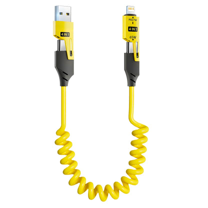 Cable Datos Corto Resorte 4 en 1 (65W, 6A) USB Tipo C Telescópico Carga Rápida para iPhone 15/14/13/12