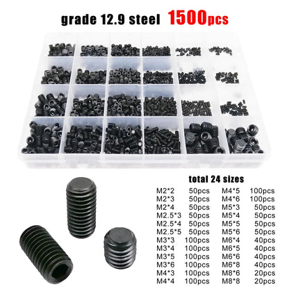 Kit Caja Tornillos Allen Cabeza Plana Hexagonal Acero Inoxidable 304/Negro DIN913 (M2-M8) (500/1500 Piezas)