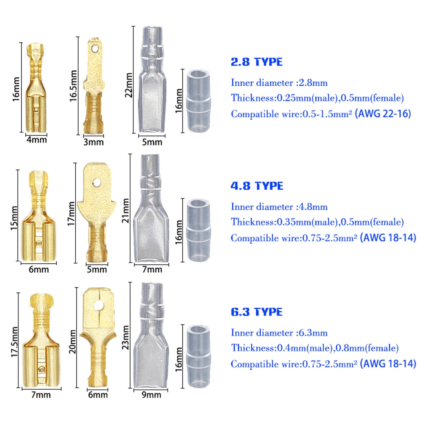 Set Conectores Terminal Crimp Macho/Hembra (2.8/4.8/6.3mm) Oro/Plata para Cable Eléctrico Altavoz Auto (100/200 Piezas)