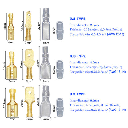 Set Conectores Terminal Crimp Macho/Hembra (2.8/4.8/6.3mm) Oro/Plata para Cable Eléctrico Altavoz Auto (100/200 Piezas)