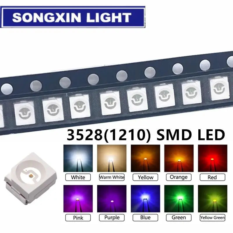 Kit Diodo LED SMD 3528 (1210) Colores (Verde/Rojo/Blanco Cálido/Azul Hielo/Amarillo/Rosa/Púrpura UV/Naranja/RGB) (Lote 100 Unidades)