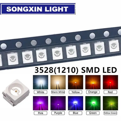 Kit Diodo LED SMD 3528 (1210) Colores (Verde/Rojo/Blanco Cálido/Azul Hielo/Amarillo/Rosa/Púrpura UV/Naranja/RGB) (Lote 100 Unidades)