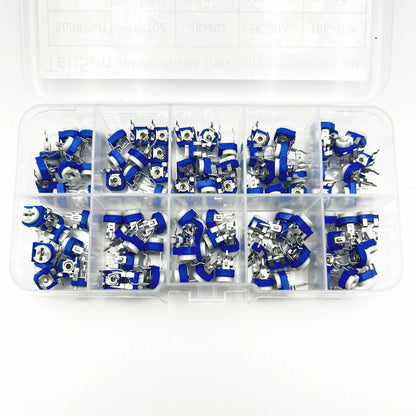 100Pcs/Box RM065 Carbon Film Horizontal Trimpot Potentiometer Assortment Kit 10 Values Variable Resistor 500R 1K 2K 5K 10K -1M