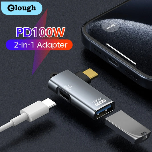 Adaptador OTG Elough 2-en-1 PD 100W (USB-C a USB-C / USB-A a USB-C) para iPhone 15/Laptops/Xiaomi/Huawei