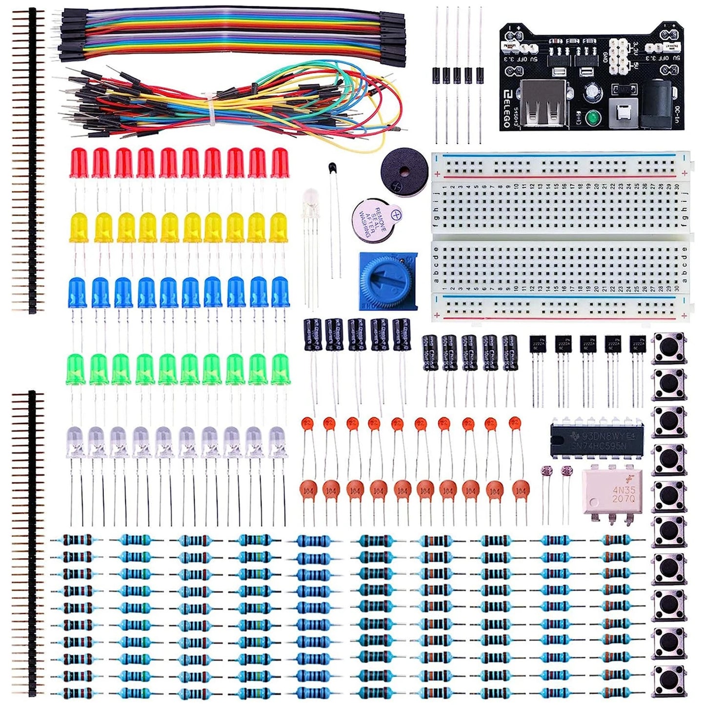 Kit Diversión Electrónica ELEGOO para Arduino (235 Items: Protoboard, Cables, Resistencias, Capacitores, LEDs, Potenciómetros)