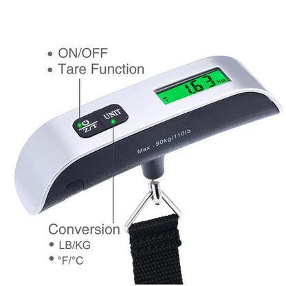 Balanza Portátil Digital LCD (110lb/50kg) Electrónica Colgante para Equipaje/Maleta Viaje (Herramienta Peso Bolsa)