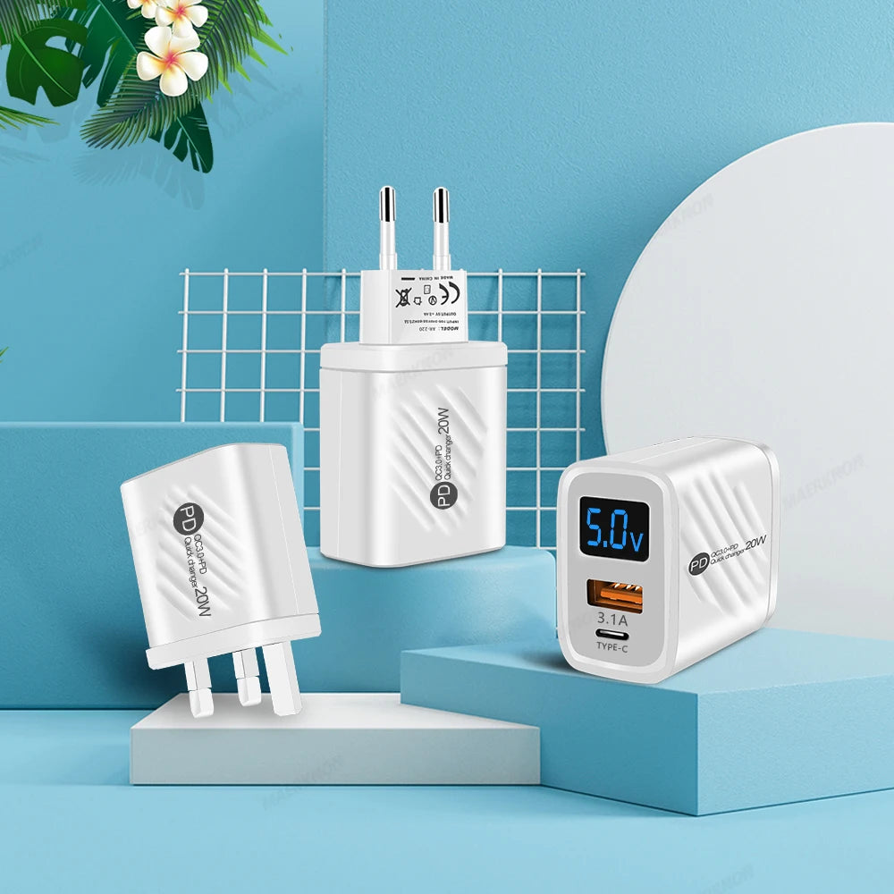 Cargador Pared USB Tipo C PD 20W Carga Rápida con Pantalla Digital para iPhone/Samsung/Xiaomi