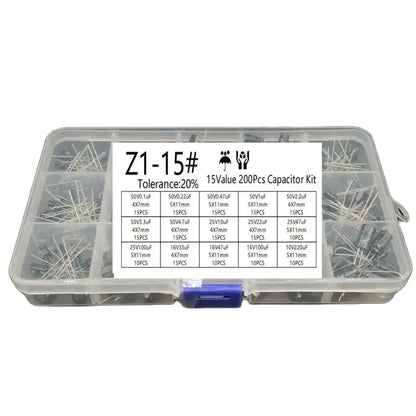 Kit Surtido Capacitores Electrolíticos Radiales 15 Valores (10V-50V, 0.1uF-220uF) (Lote 200 Unidades)