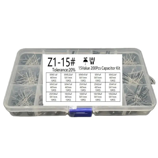 Kit Surtido Capacitores Electrolíticos Radiales 15 Valores (10V-50V, 0.1uF-220uF) (Lote 200 Unidades)