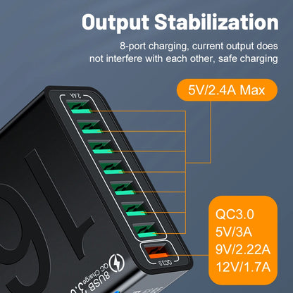 Cargador Pared Rápido USB Total 150W QC 3.0 Adaptador Carga Móvil Enchufe EU/US/KR para iPhone/Xiaomi/Huawei