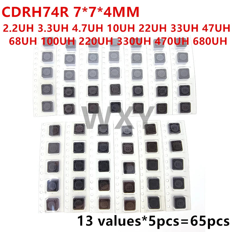 Kit Surtido Inductores Potencia SMD Blindados CDRH74R (7.7x4mm) - 13 Valores (2.2uH-680uH) (Total 65 Piezas)