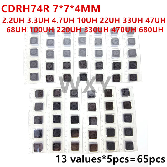 Kit Surtido Inductores Potencia SMD Blindados CDRH74R (7.7x4mm) - 13 Valores (2.2uH-680uH) (Total 65 Piezas)