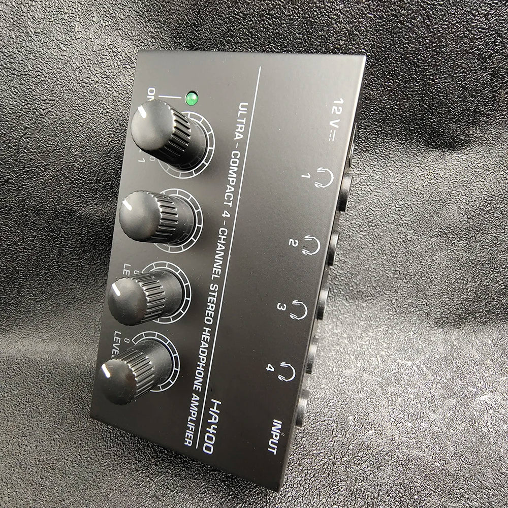 Mini Amplificador Audio Estéreo 4 Canales HA400 Ultra Compacto para Audífonos con Adaptador EU/US (Mezclador Música/Grabación)