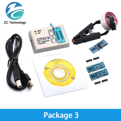 Kit Programador USB SPI Alta Velocidad EZP2019 (Última Versión) Full Set con Adaptadores Socket para EEPROM 24/25/93, Flash 25 BIOS Chip